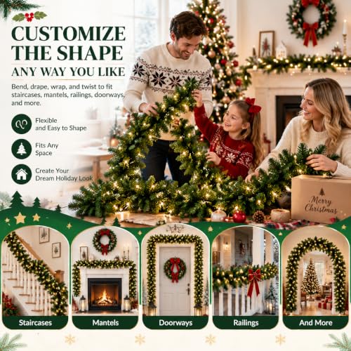 WQlittuK 9FT Pre-Lit Christmas Garland with Lights - C-220tips, Indoor & Outdoor Holiday Decor