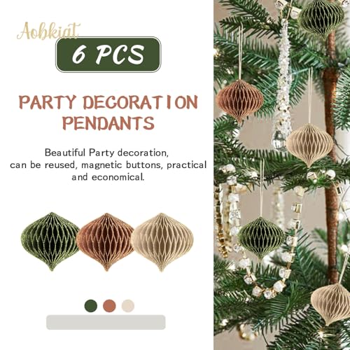 Olive Green & Reddish Brown Mini Paper Honeycomb Ornaments, 6-Pack Christmas Decorations