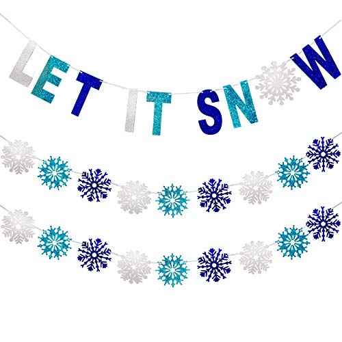 Outus 3 Pieces Let It Snow Banner, Glitter Winter Snowflake Garland Banner, Snowflake Hanging Ornaments for Christmas Holiday Party Decorations New Year Festive Party Supplies (Blue,White)