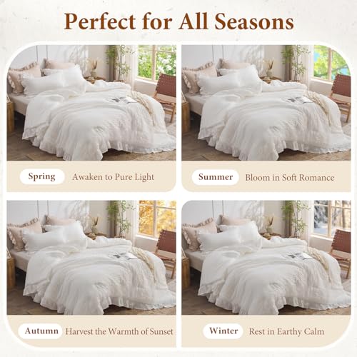 JOLLYVOGUE White Full Size 3-Piece Seersucker Comforter Set - All Season Lightweight Bedding