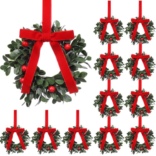 Christmas Mini Cabinet Wreaths 12Pcs 6-Inch with Ribbon for Kitchen Decor