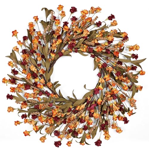 CHEAWRTZ 24in Fall Wreath with Handcrafted Paper Flowers - Deep Red & Orange