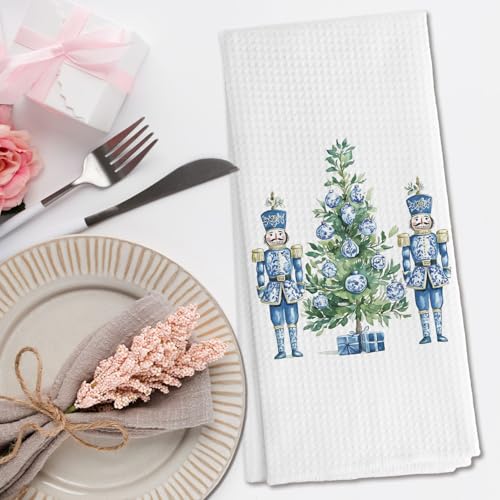DNEULYR Section 9 Chinoiserie Christmas Kitchen Towels 16x24 in Blue & White, Decorative Nutcracker Hand Towels