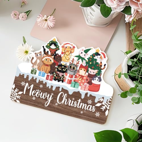 MOTERMATE Meowy Christmas Cat Sign Decor - Festive Home Holiday Accent, 10x8 Inch, Variation: Meowy