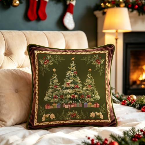 Artmag 24x24 Inch Green Christmas Tree Pillow Cover with Floral Pattern, Velvet Holiday Decor