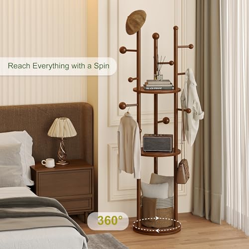 Freestanding Coat Rack with Walnut Finish and Rotating Base - Mid-Century Entryway Organizer