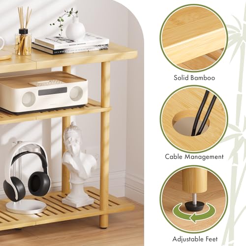 Natural Bamboo Small TV Stand for Up to 32 Inch - 3-Tier Entryway Console Shelf