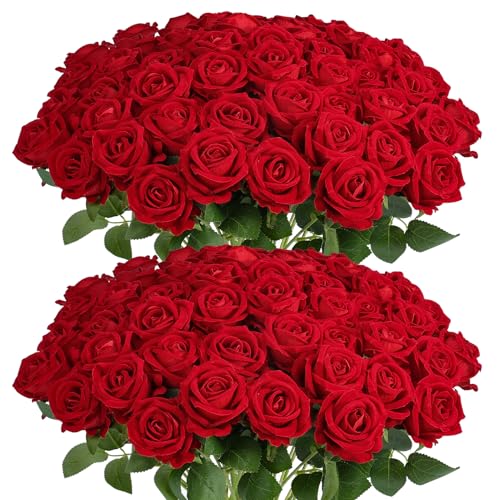 Artificial Red Roses Flowers Set - 60 Pcs Silk & Velvet Faux Flowers for Decor - Variation of 60 Red