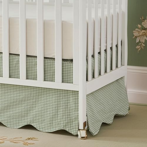 Sage Green Gingham Scallop Edge Cotton Crib Skirt - Baby Boy Girl Nursery Decor