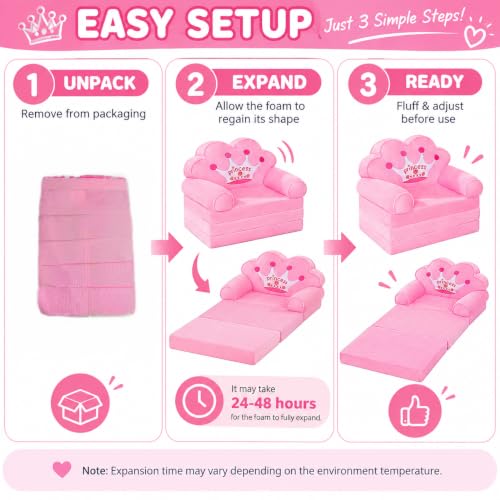 Kids Foldable Couch - Princess Chair for Toddlers, Pink, Model: Sofa