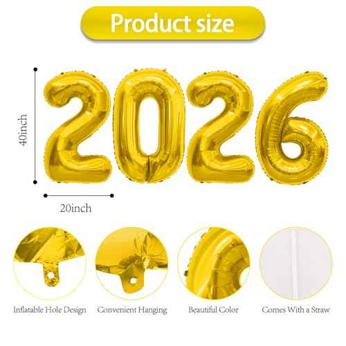 2026 Balloons, Number Balloons 2026 Balloon Numbers, 40 Inch Foil Number Balloon for New Year Eve Festival Christmas Birthday Wedding Anniversary Party Supplies, New Years Decorations Gold
