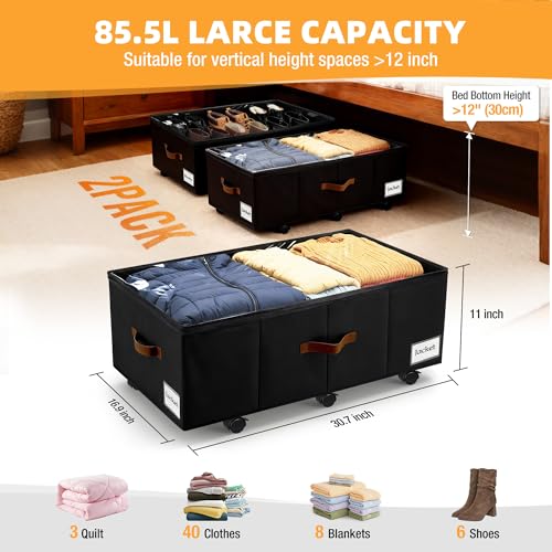 VatFott Black 2-Pack Under Bed Storage with Wheels, 11-inch Dorm Organizer