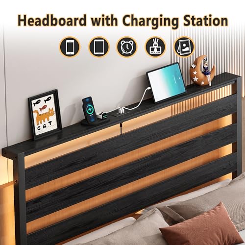 Full Size Metal Platform Bed Frame with Headboard LED USB Storage No Box Spring Black