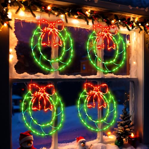 Glooglitter 4 Pcs Christmas Window Silhouette Lights with Bow, 80 LED USB Decor