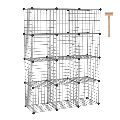 Wire Cube Storage Organizer 12-Cube Metal Grid Shelving - Silver Gray