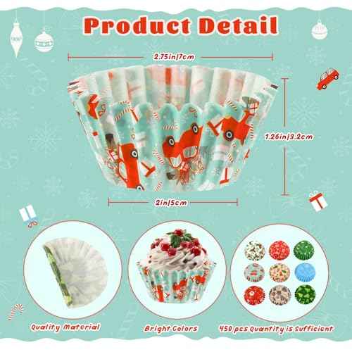 SANNIX 450pcs Christmas Cupcake Liners, Christmas Santa Claus Snowman Tree Baking Cups Cupcake Wrappers Paper Wraps Muffin Liners for Xmas Birthday Party Candy Cake Decorations Supplies(9 Designs)