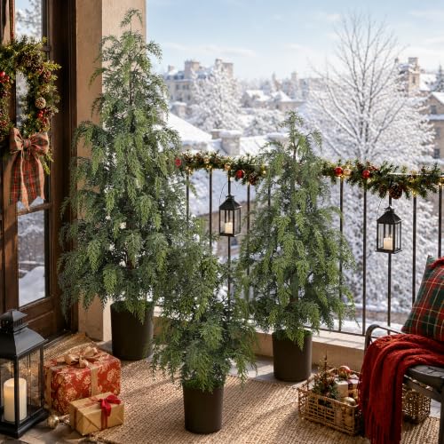 N&T NIETING 3-Pack Artificial Cedar Trees for Outdoors - 2FT, 3FT, 4FT, Realistic Faux Greenery Set, Stable Cement Base, Easy Assembly