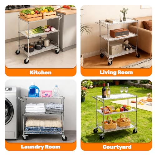 Heavy Duty 3-Tier Rolling Cart with Metal Wire Shelves & Locking Casters