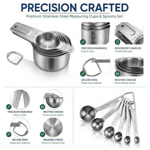 18 Pcs Stainless Steel Measuring Cups & Spoons Set - Precision Kitchen Tools