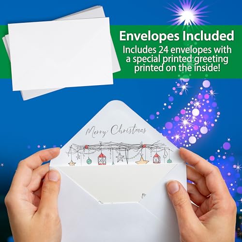 24 Pack Merry Christmas Cards 12 Festive Designs, with Printed White