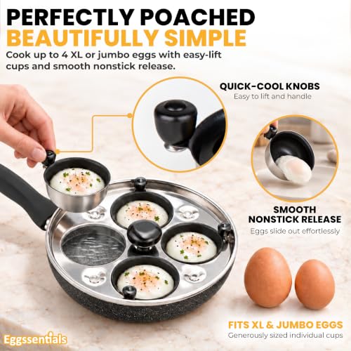 4 Cup Egg Poacher and Frying Pan Set - Nonstick Granite Coating with Lid & Spatula