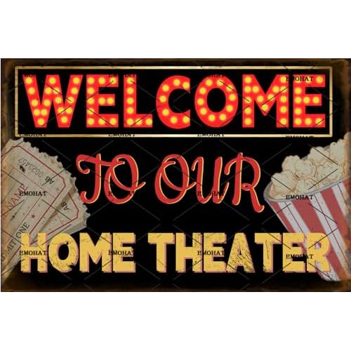 EMOHAT Retro Metal Tin Sign Welcome To Our Home Theater Vintage Chic Metal Poster Home Wall Decoration Man Cave Living Room Patio Wall Art Metal Signs Tin Plaque Aluminium Decor 8x12 Inch
