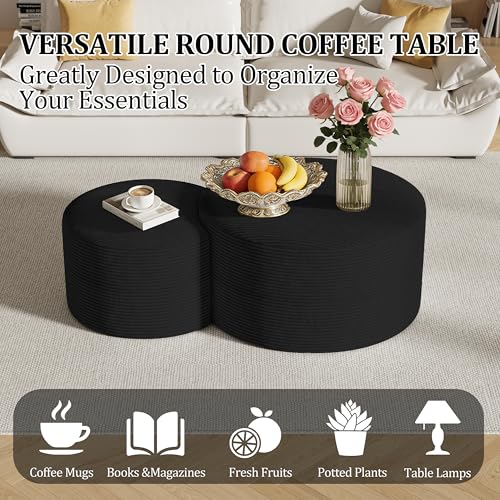 Round Nesting Coffee Table Set of 2,Upholstered Foam Ottoman Footrest