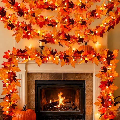 Efunly 9Ft 3-Pack LED Maple Leaf Garland with Timer & 8 Modes - Fall Halloween Decorations