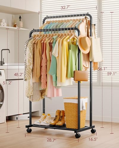 Large Black Double Rod Clothes Rack with Mesh Shelf & Hooks - 28.7 W x 16.5 D x 59.1 H