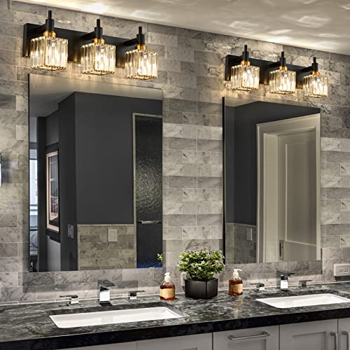 Black Gold Square Shade 3-Light Crystal Vanity Light Fixture for Bathroom – Modern Brass Wall Sconce