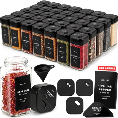 Glass Square Spice Jars with 3-Way Rotating Lids & Labels - 36 Pack, Black