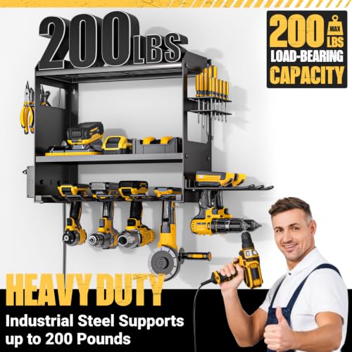 Wall Mount Power Tool Organizer with Charging Station Black - Heavy Duty Drill Rack & Battery Storage