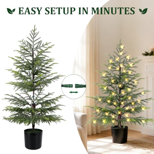ENVEN 4FT Prelit Norfolk Pine Christmas Tree – Real-Touch Artificial Cedar with 80 LED Lights, 8-Function Plug-in, Potted Faux Tree (4ft-1 Pack)