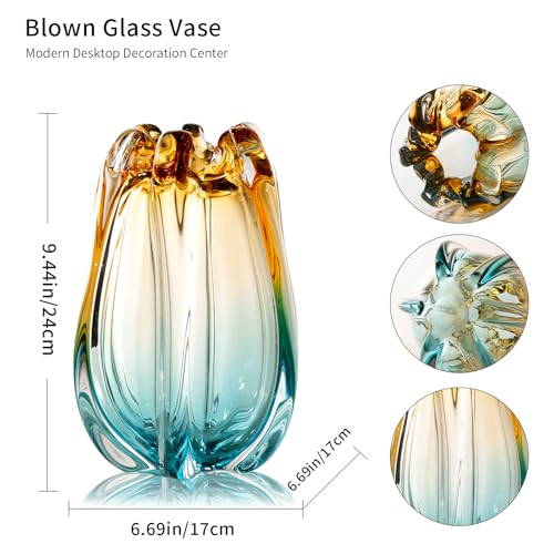 Modern Hand Blown Glass Flower Vase - Unique Art Deco Home Decor, 9.45 Inches