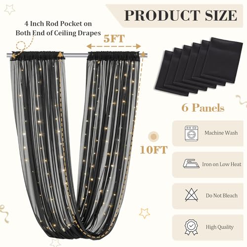 60" x 120" Black Ceiling Curtains Pack of 6 for Weddings & Events - Wrinkle-Free Tulle Drapes