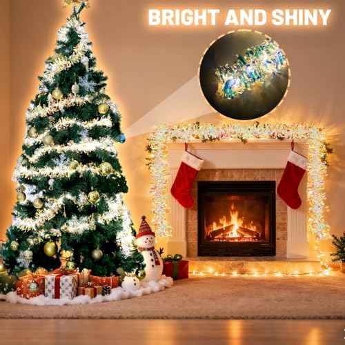 LAWOHO 6.5FT/2M Christmas Tinsel Garland with 40 LED Lights, Shiny Iridescent Foil Decorations for Christmas Tree, Wedding Birthday Party Supplies, New Year Holiday Parties, Indoor Hanging Home Decor
