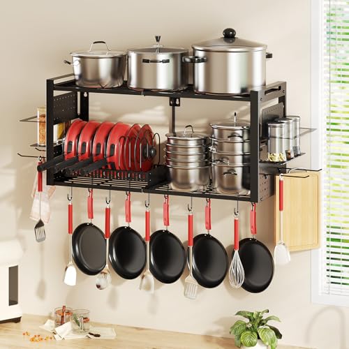 Freexployer 41-Inch Wall-Mounted Pot Rack with 20 Hooks & Lid Organizer, Heavy Duty Kitchen Storage