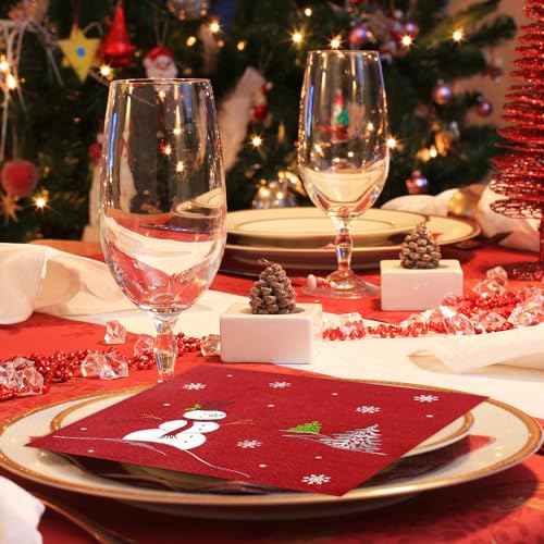 Quera 50 Pack Christmas Paper Napkins Snowman Red Silver Foil Disposable Beverage Napkins Decorative Table Napkin for New Year Winter Dinner Merry Christmas Holiday Xmas Party Supplies, 6.5 "x 6.5"