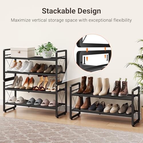 Black Expandable 2-Tier Metal Shoe Rack, Adjustable Closet Organizer