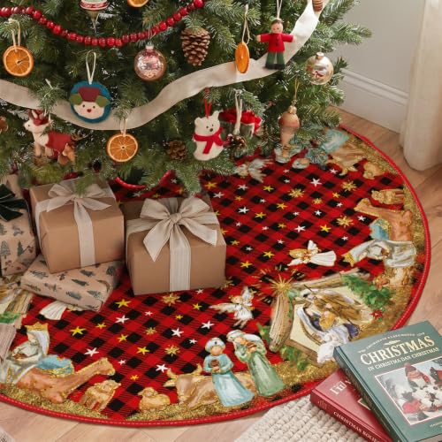 AVOIN Colorlife Buffalo Plaid Christmas Tree Skirt 48 Inch Red & Black