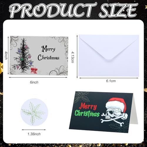 Gothic Christmas Cards Set with Envelopes & Stickers - Spooky Skeleton Theme, 36 Pack