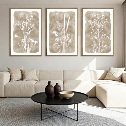 ANHUIB Beige Floral Canvas Wall Art Set of 3 16x24 Inches Framed Botanical Decor for Living Room Bedroom Office Variation: 24"L x 16"W