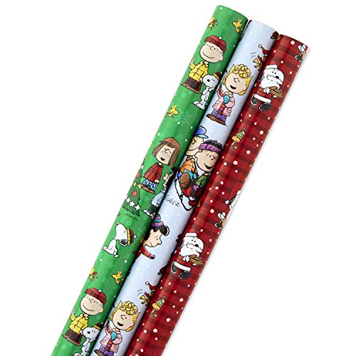 Hallmark Christmas Peanuts Wrapping Paper with Cut Lines, 3-Pack Holiday Gift Wrap