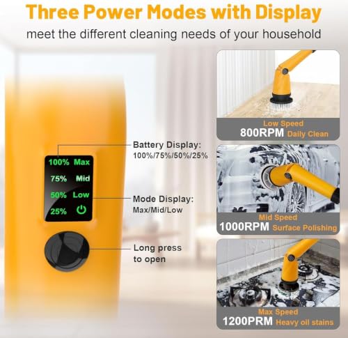 Denqir Yellow 1500 RPM Electric Spin Scrubber for Dewalt 20V Batteries, Bathroom & Floor Cleaning