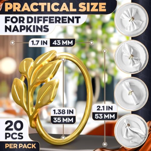 LEGLO 20 Pcs Gold Leaf Napkin Rings Set with 1.38 Inch Inner Diameter for Holiday & Wedding Decor