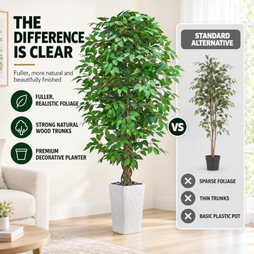 6FT Artificial Ficus Tree with White Planter - Realistic Faux Indoor Plant - Green Leaf Variation