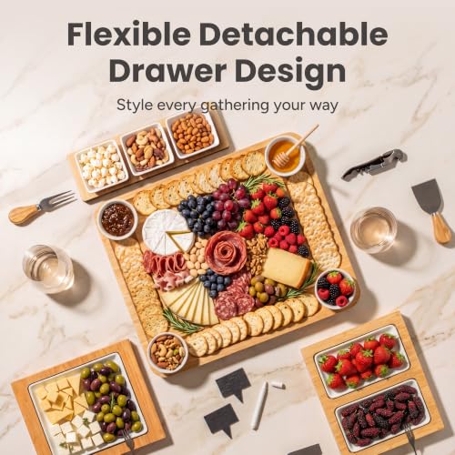 SMIRLY Bamboo Charcuterie Board Set with 4 Drawers and Serving Accessories