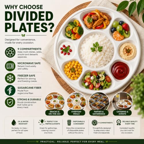 9 Compartment Round Biodegradable Plates Pack of 100 - Eco-Friendly, Heavy-Duty, 12.44 Inch