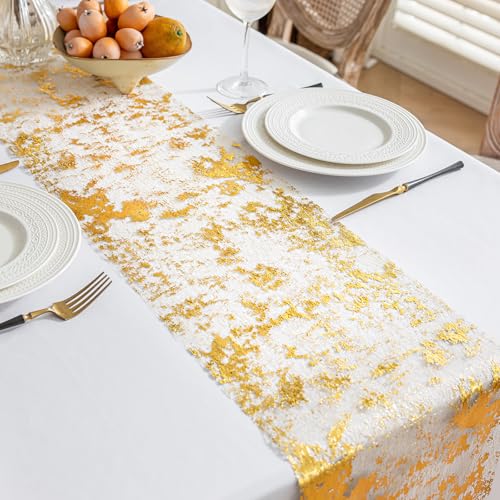NALVXIN Gold 50ft Glitter Table Runner - 11 in Wide Thin Metallic Mesh for Wedding & Party Decor (Gold, 50FT)