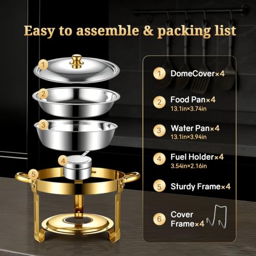 Aerovithera 4-Pack 5qt Chafing Dishes Stainless Steel Food Warmer Set with Gold Stand